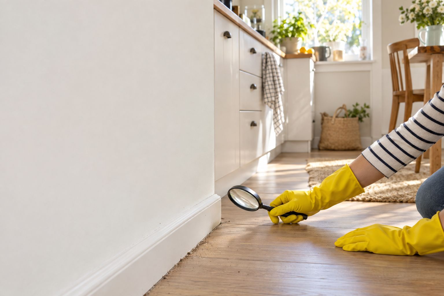 Bright kitchen: a hand in a yellow glove holding a magnifying glass by the baseboard