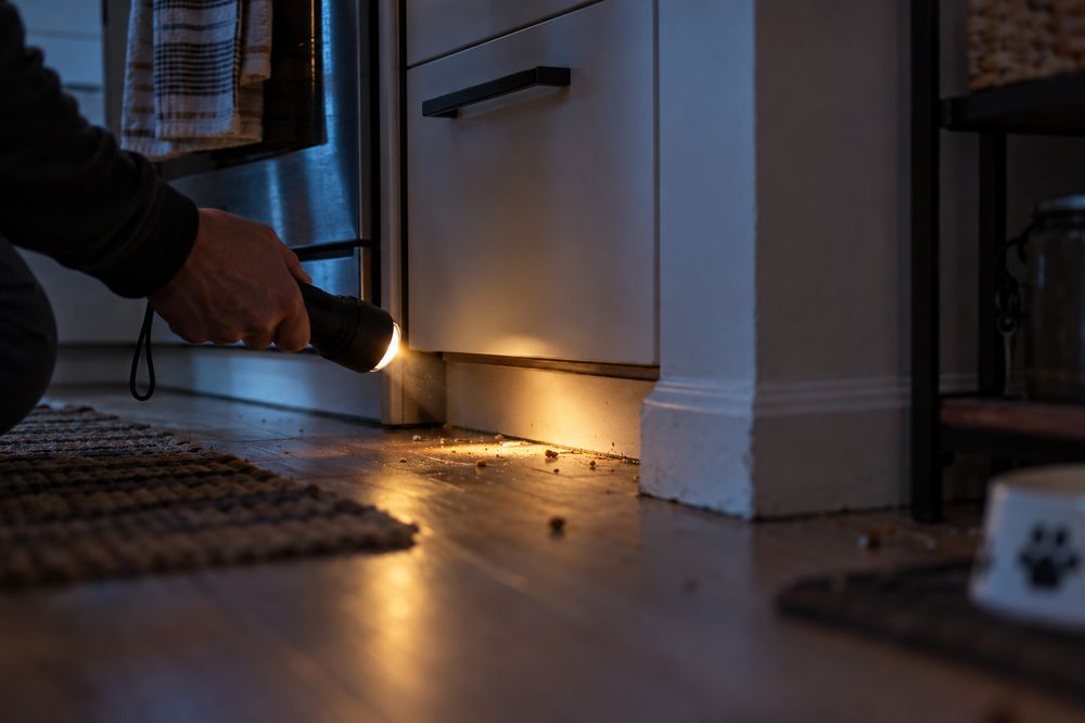 Flashlight beam on a gap behind a kitchen baseboard