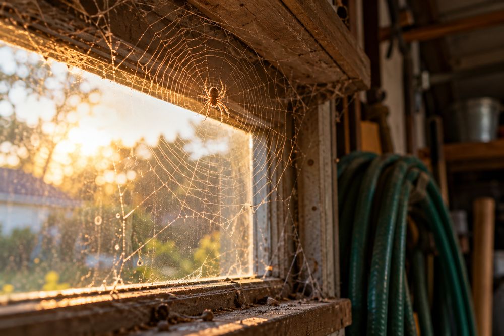 Cobweb in the corner of a garage window lit by the sun
