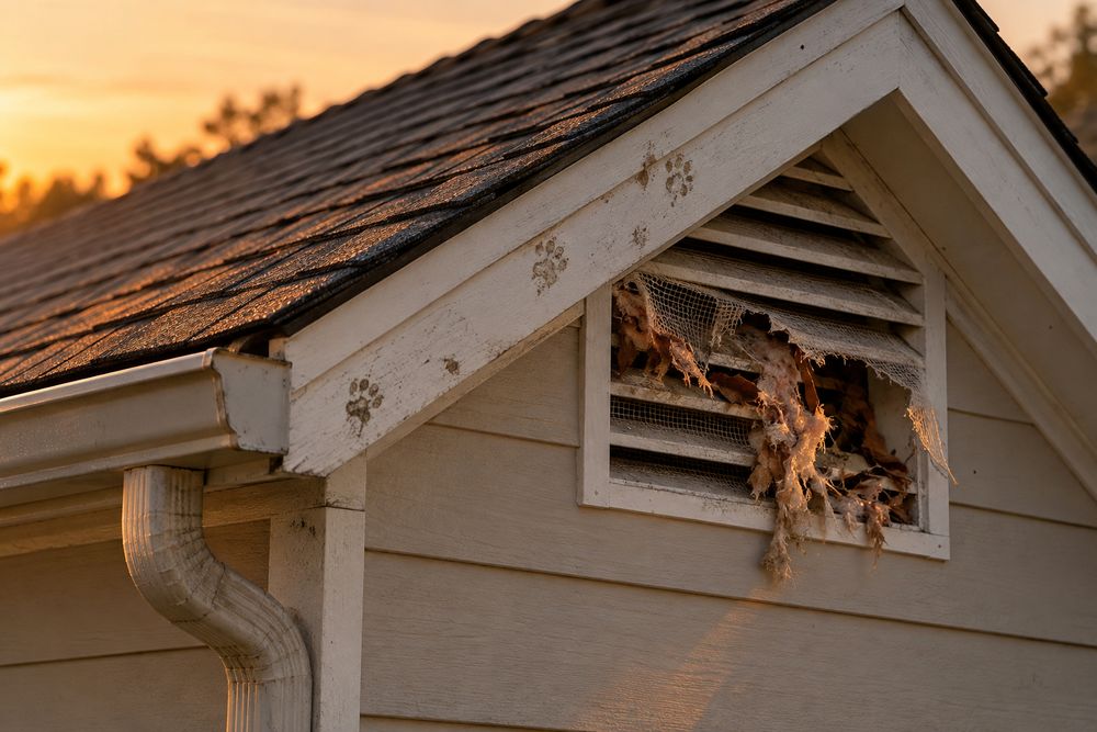 Torn attic vent screen and nesting debris under a roofline