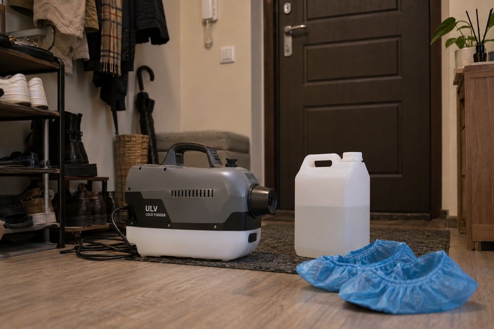 Fogging machine and a jug of product by a front door