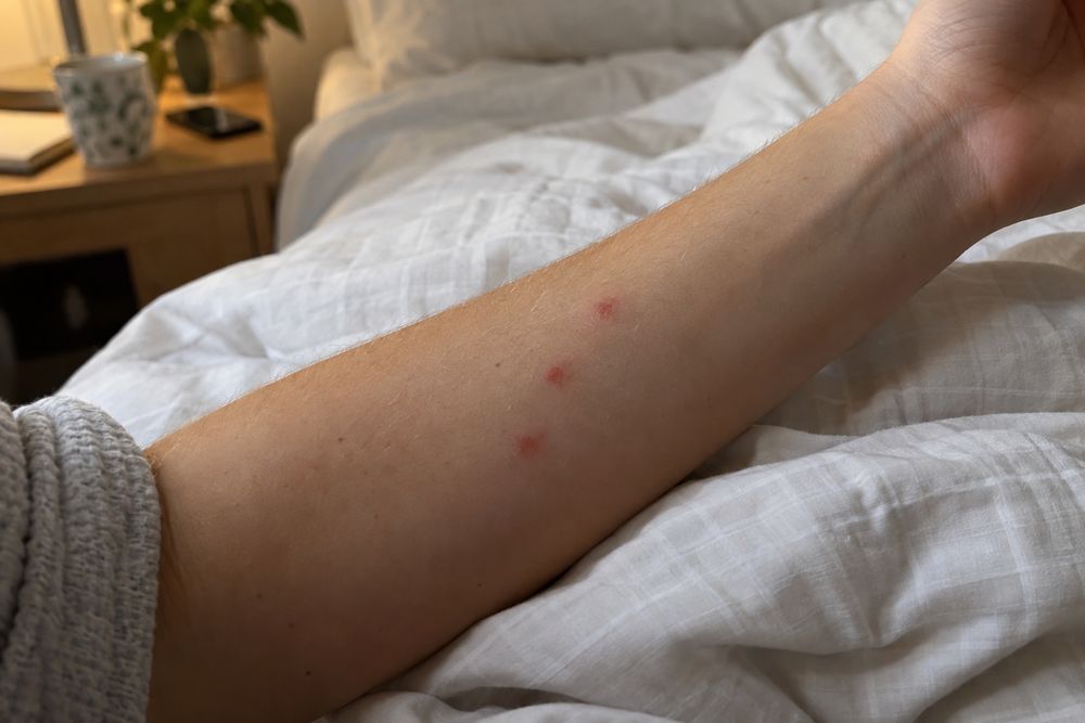Bite marks on a forearm: a row of three red dots