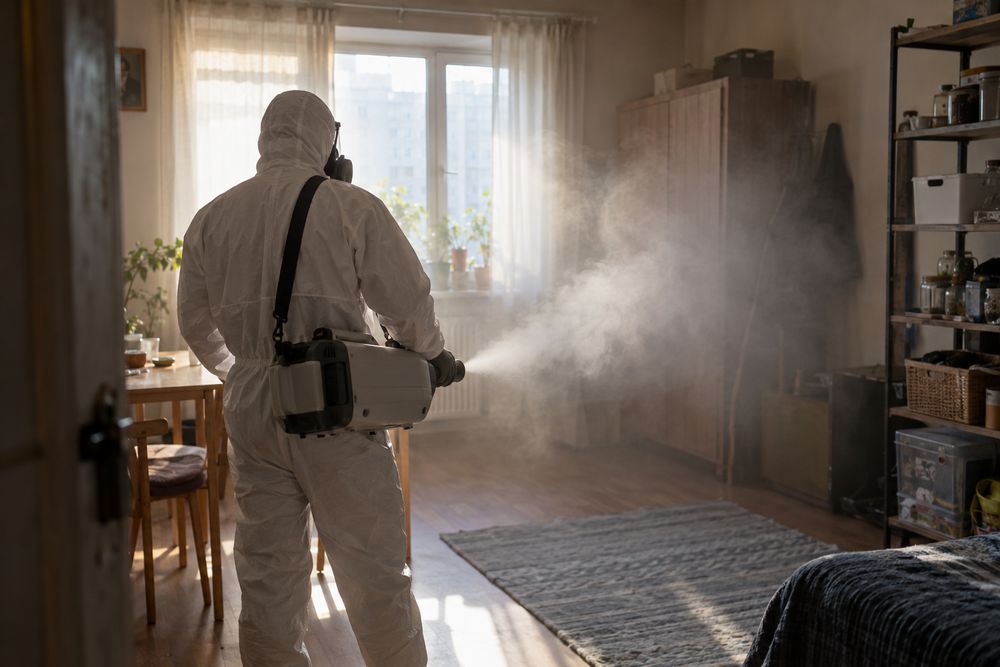 Technician in a protective suit treating an empty room